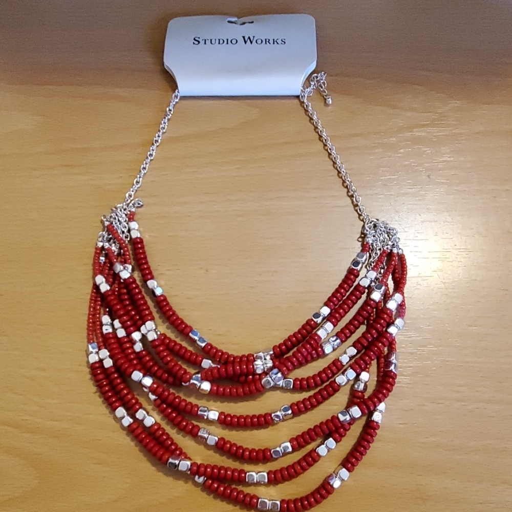Studio Works Multi Strand Silver & Dark Red Beaded Necklace  NWT